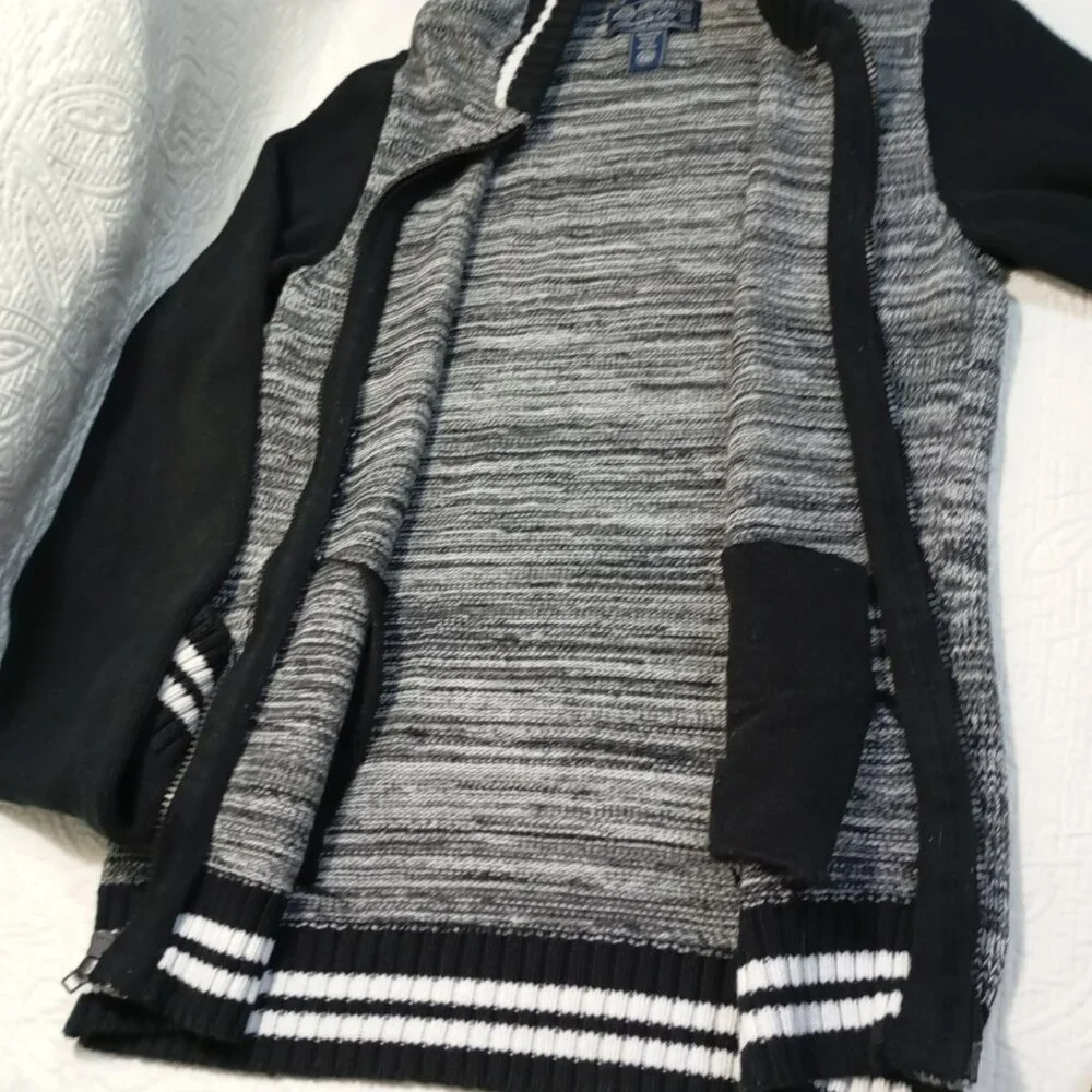 American Rag Jacket Medium Gray & Black Striped Cotton Full-Zip Ribbed Cuffs Hem - Picture 6 of 10